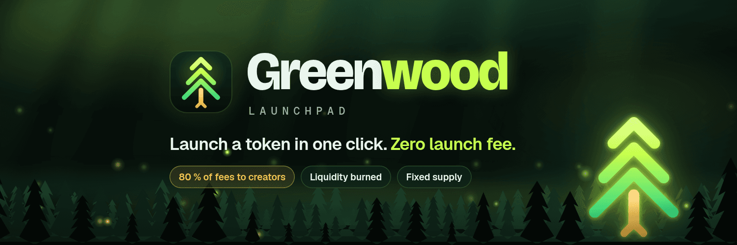 Greenwood X header: the lockup and a tagline over a night forest, with a glowing arrow-tree among the pines