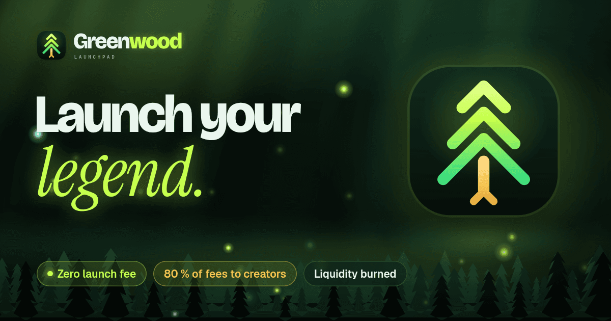 Greenwood link preview: “Launch your legend.” over a night forest, with the mark and three facts
