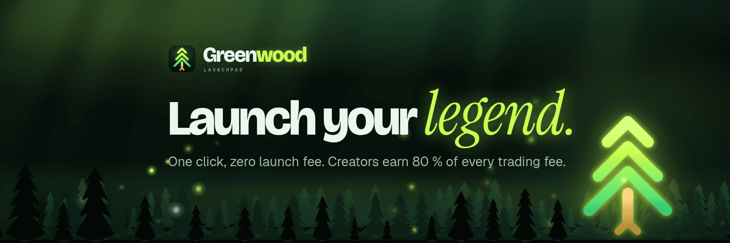 Greenwood X header: “Launch your legend.” over a night forest, with a glowing arrow-tree among the pines