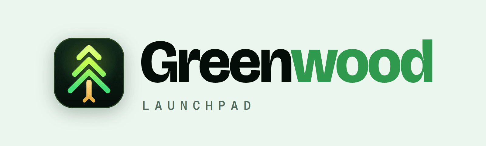 Greenwood Launchpad lockup, dark lettering with a green “wood” on a pale mint background